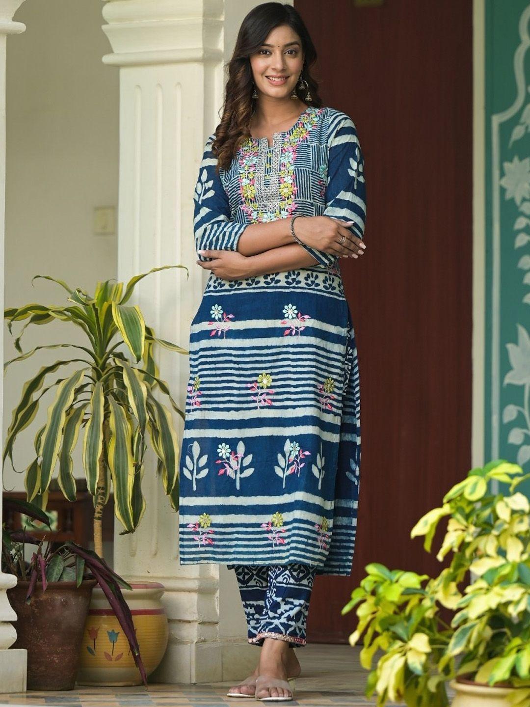 sangria blue ethnic motifs printed straight pure cotton thread work kurta with trouser