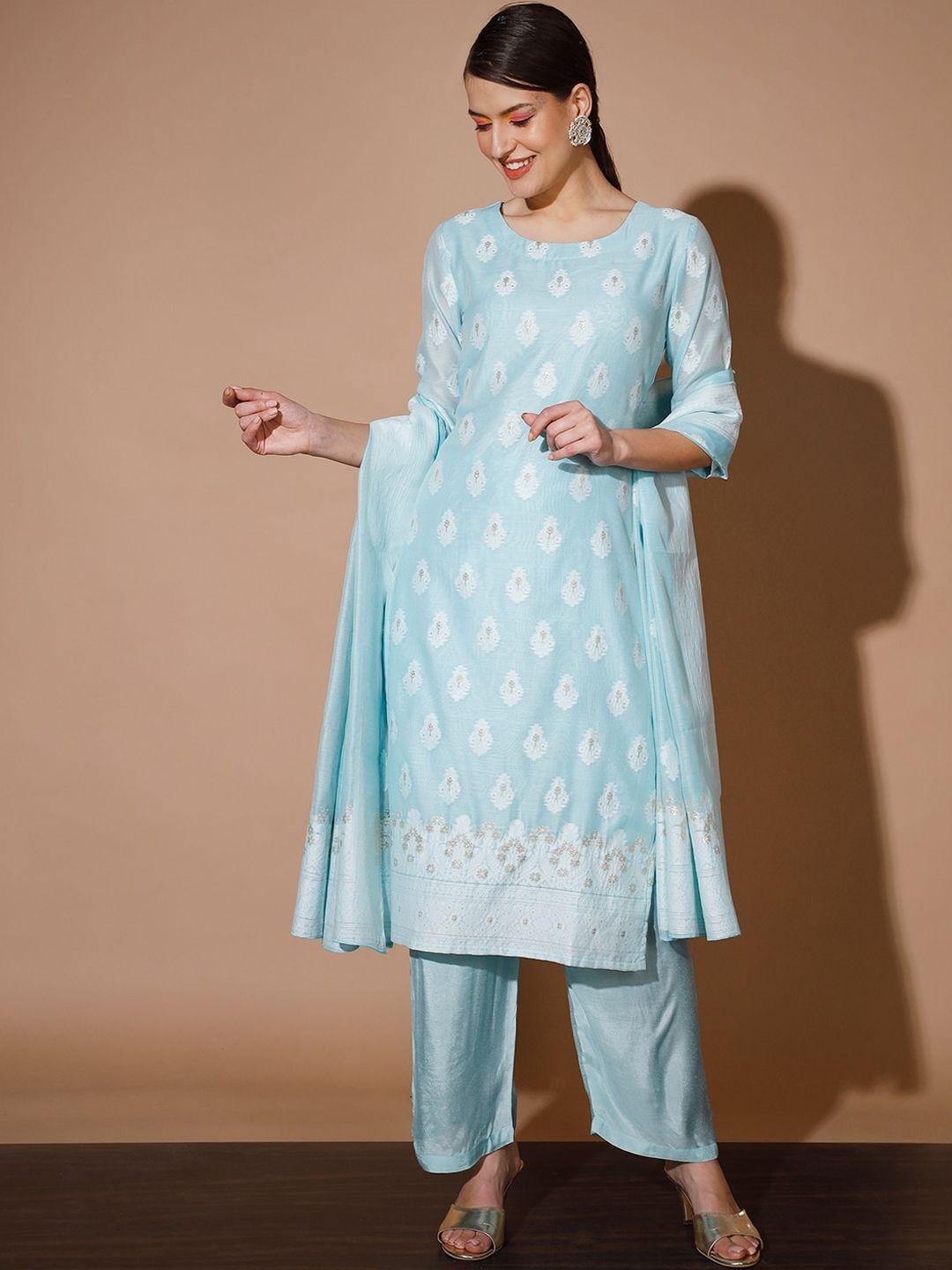 sangria blue ethnic motifs woven design chanderi cotton kurta & palazzos dupatta