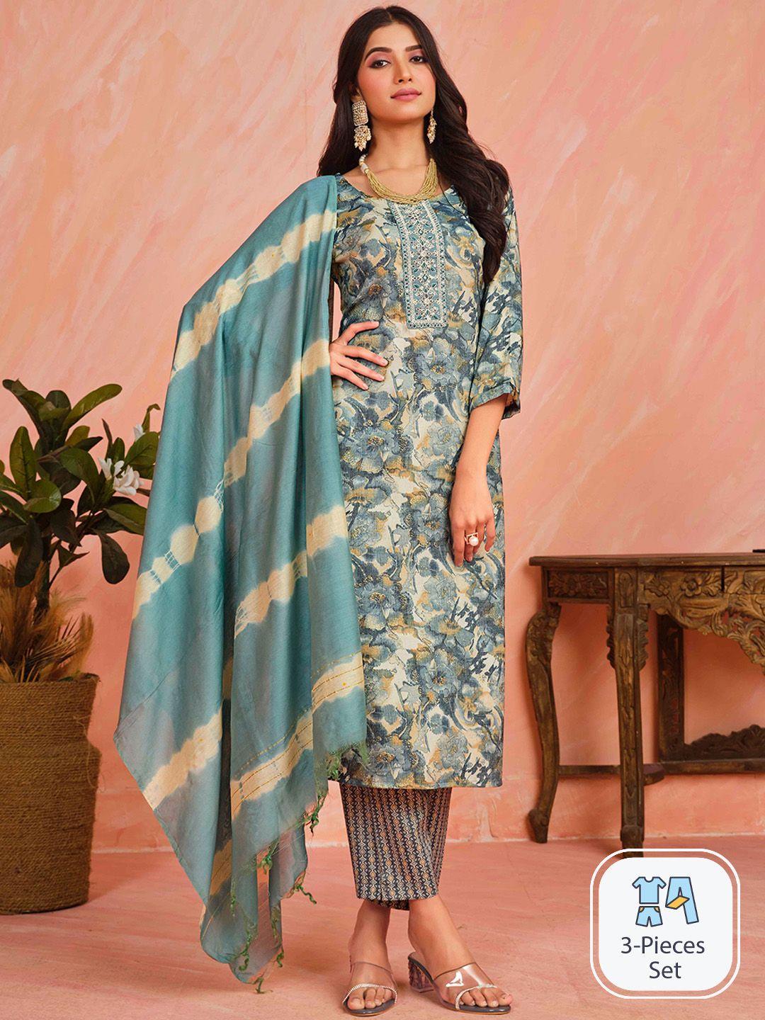 sangria blue floral printed embroidery straight kurta with trouser & dupatta set