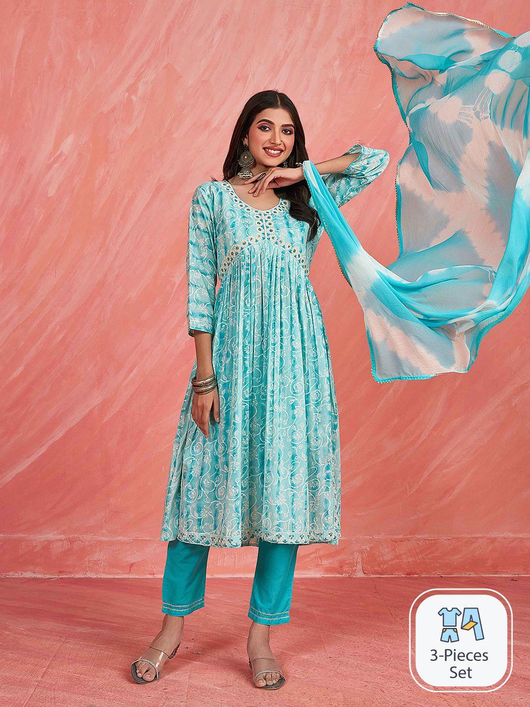 sangria blue floral printed thread work pure cotton a-line kurta with trouser & dupatta