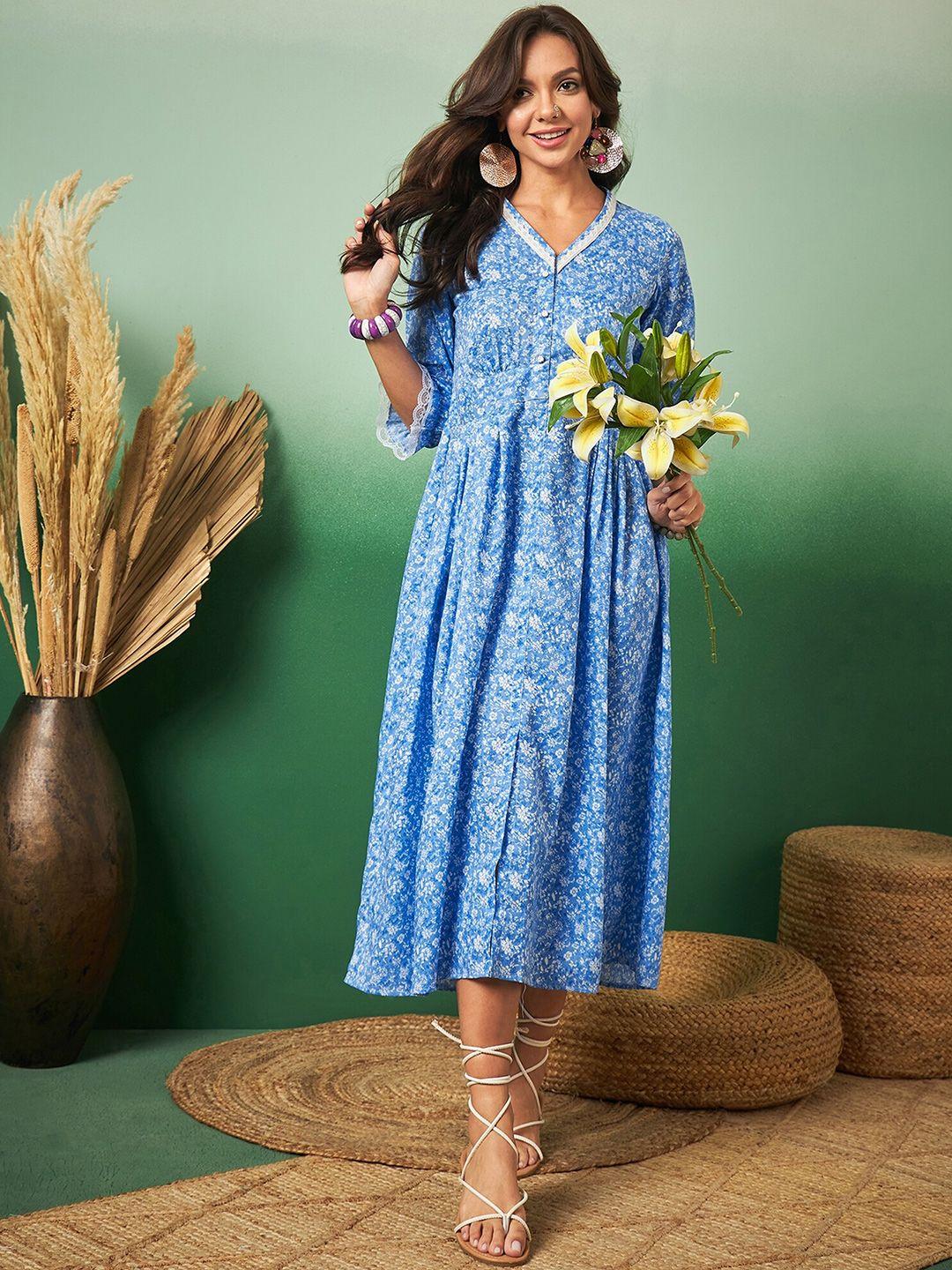 sangria blue floral printed v-neck puff sleeves fit & flare midi ethnic dress