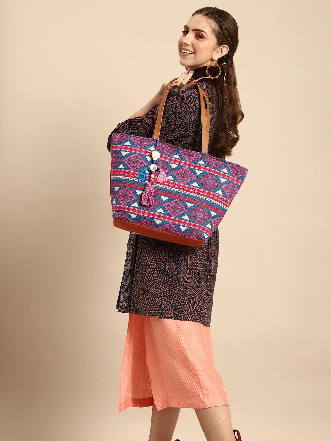 sangria blue geometric textured oversized shoulder bag with mirror work tasselled detail