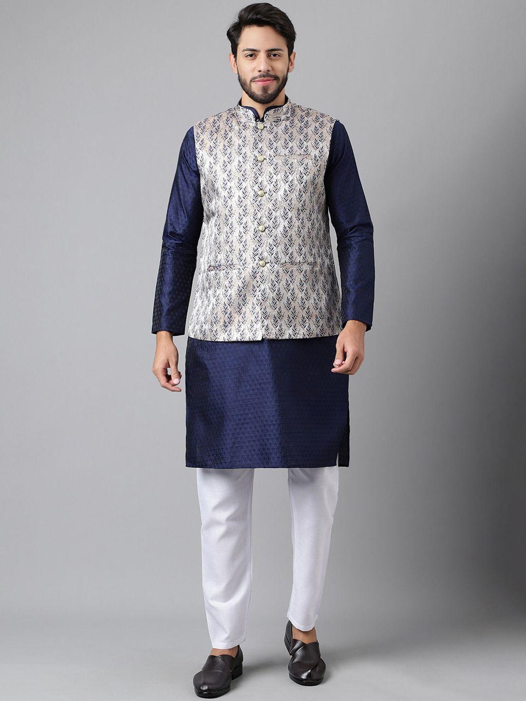 sangria blue geometric woven design straight kurta with pyjamas & nehru jacket