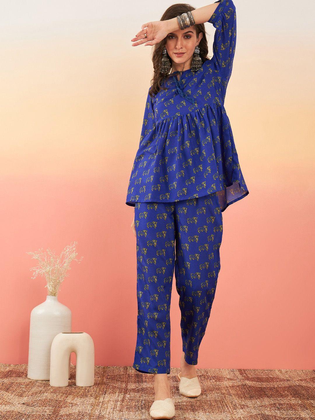 sangria blue printed a-line kurti with trouser set