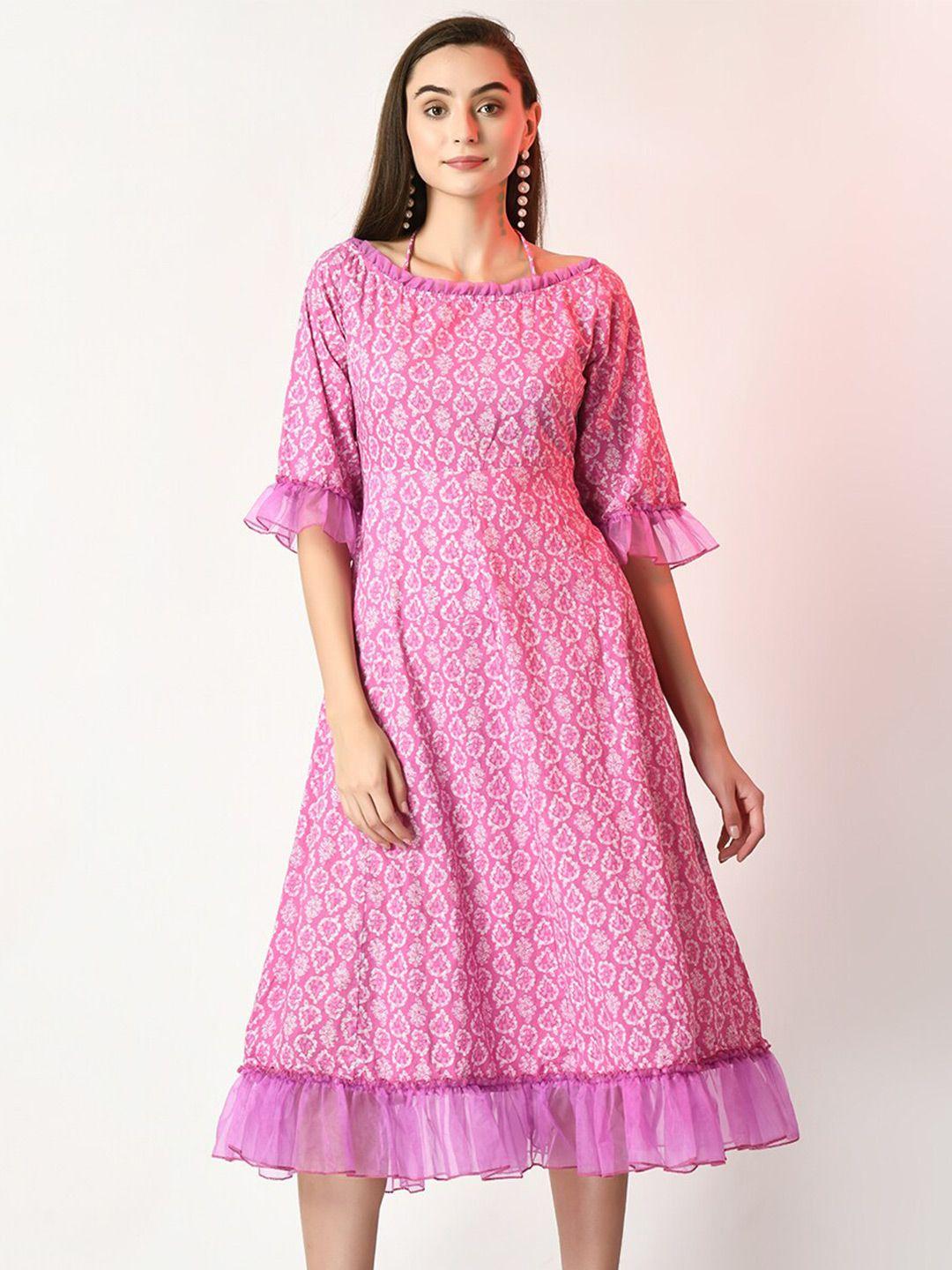 sangria boat neck ethnic motif printed bell sleeve flounce hem cotton fit & flare dress