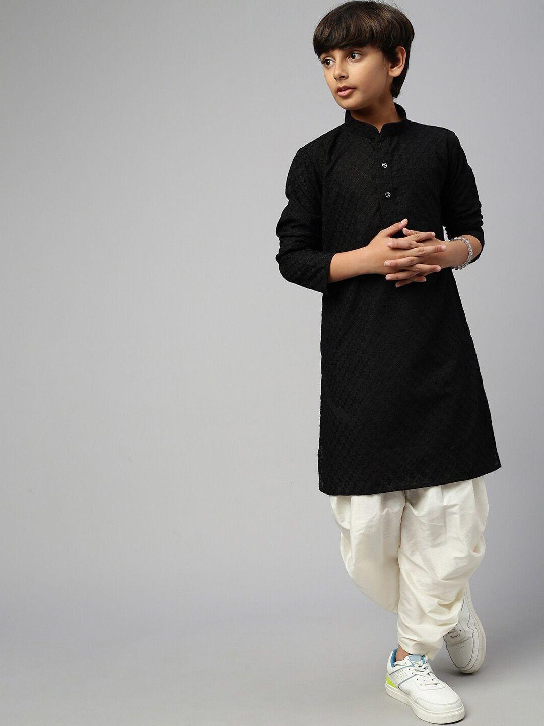 sangria boys black ethnic motifs embroidered  mandarin collar chikankari cotton kurta