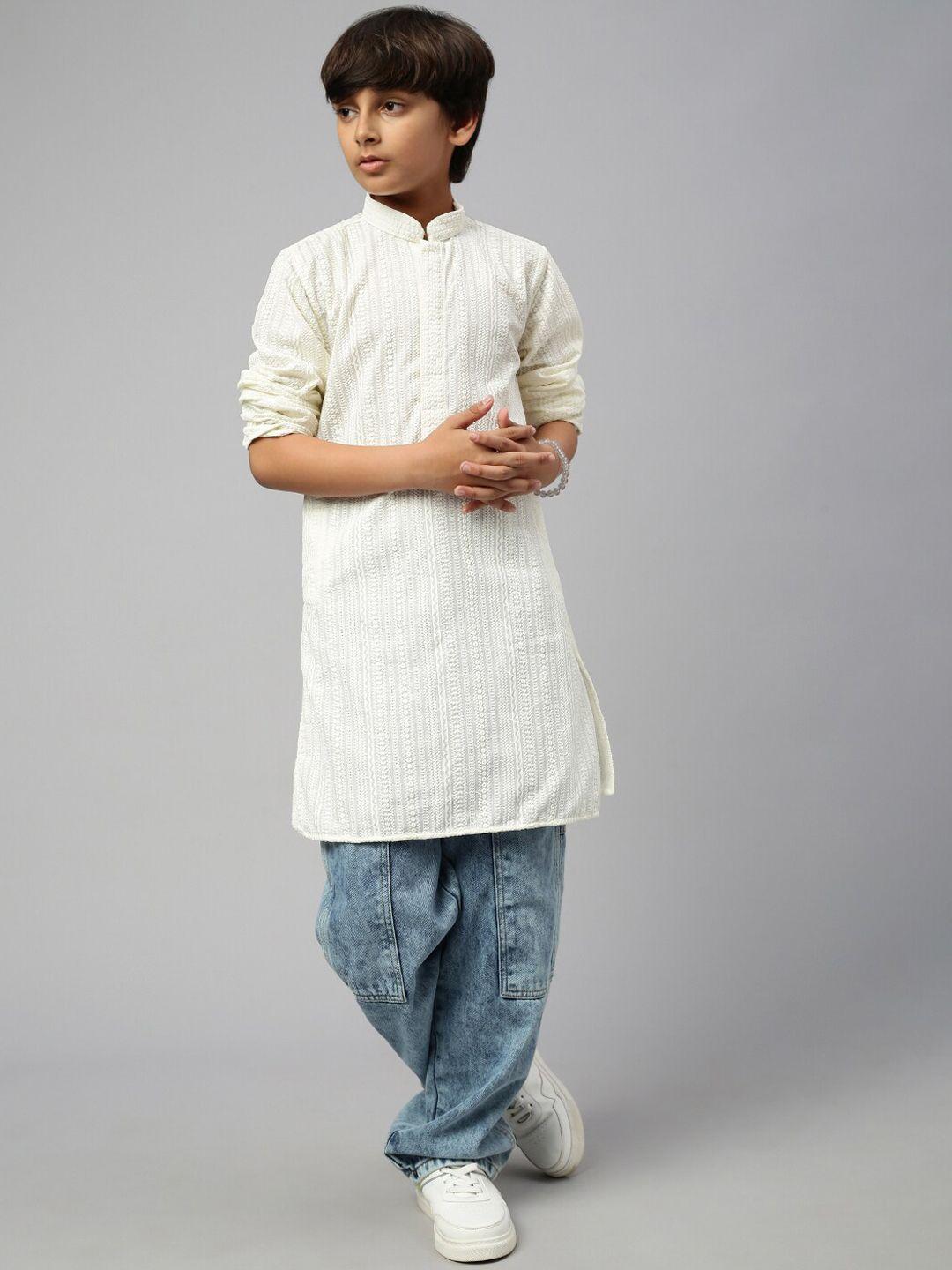 sangria boys off white ethnic motifs embroidered  mandarin collar chikankari cotton kurta