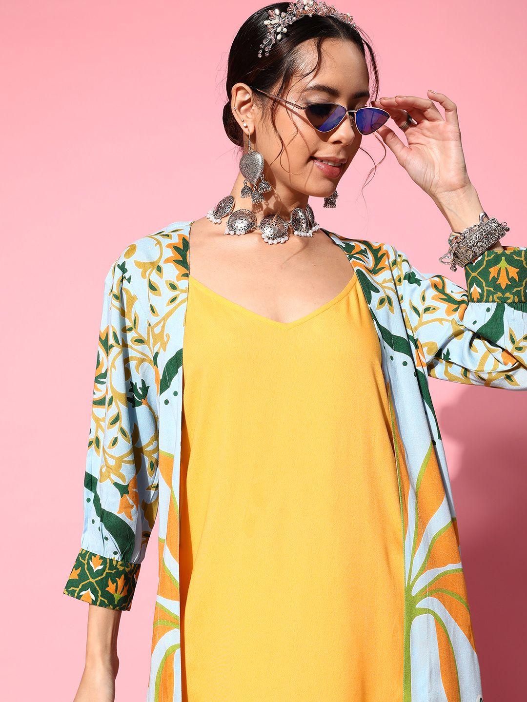 sangria bright yellow solid layered kurta with trousers & longline jacket