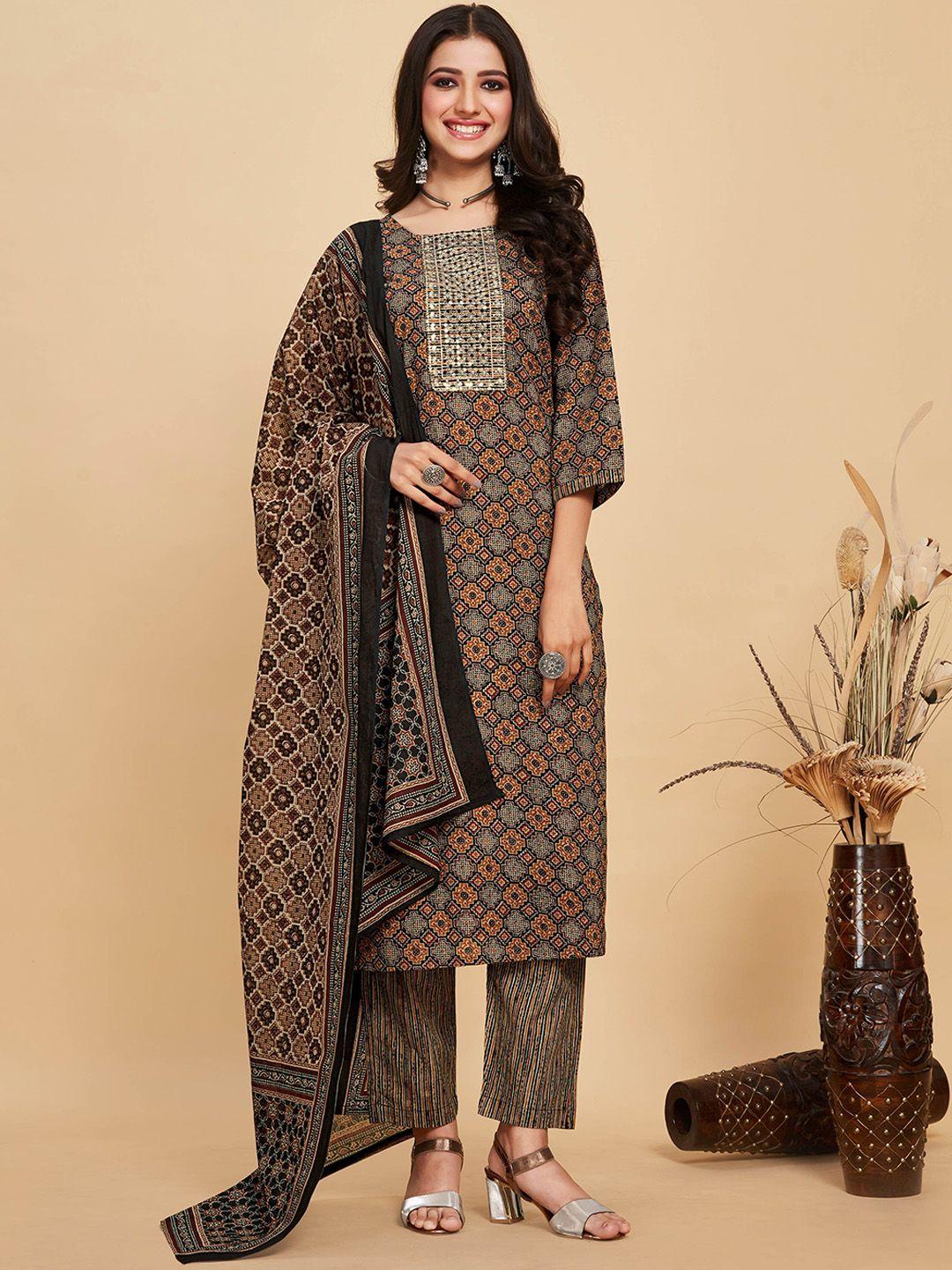 sangria brown & black printed pure cotton straight kurta & trouser with dupatta