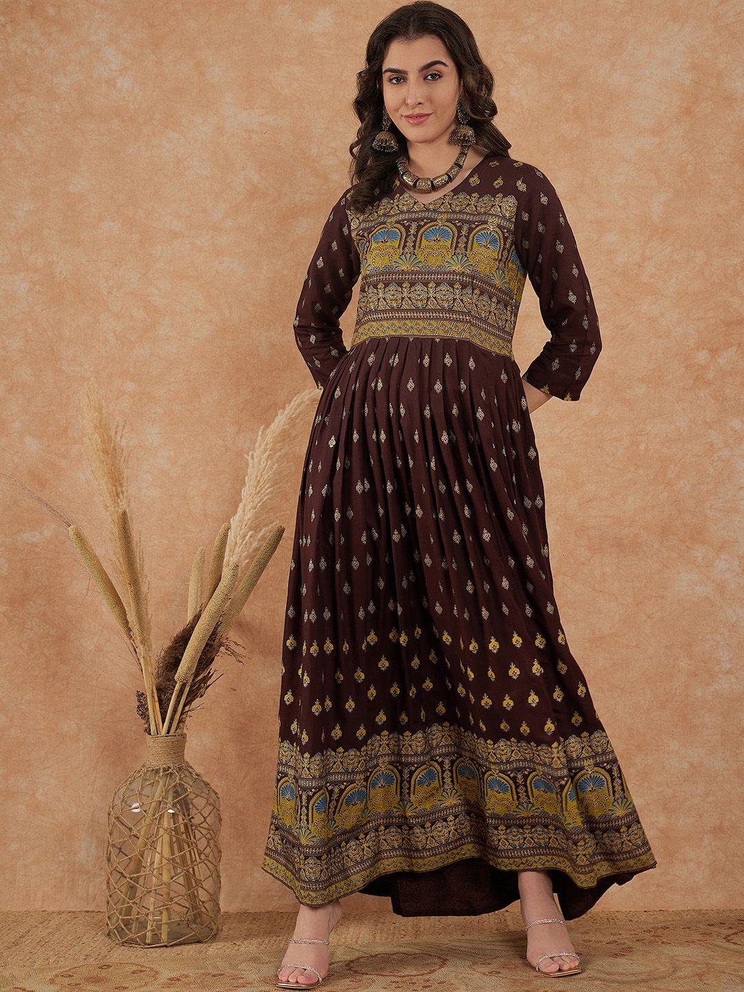 sangria brown & gold toned ethnic motifs printed v neck gathered maxi ethnic dress