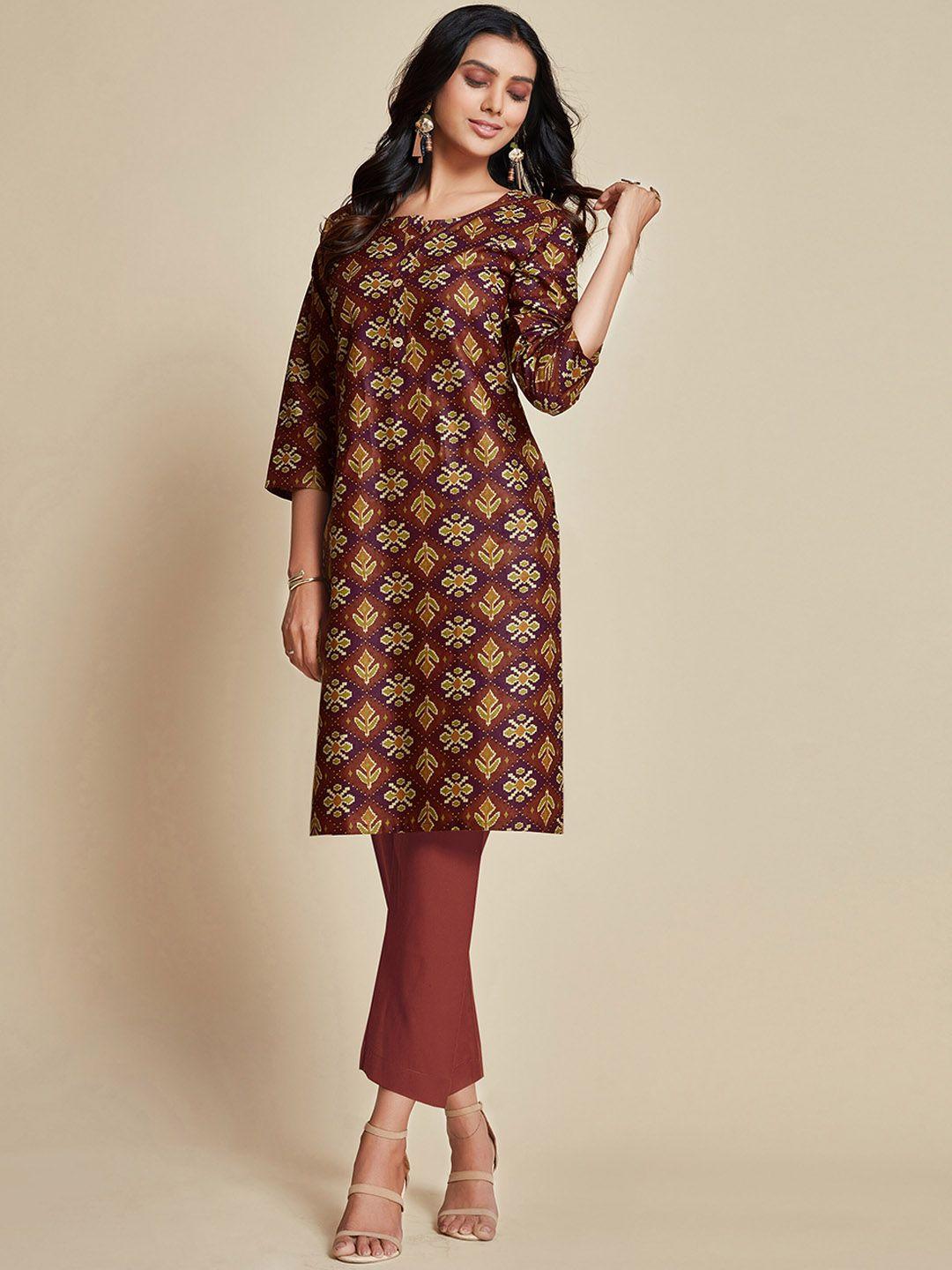 sangria brown & green ethnic motifs printed pure cotton kurta