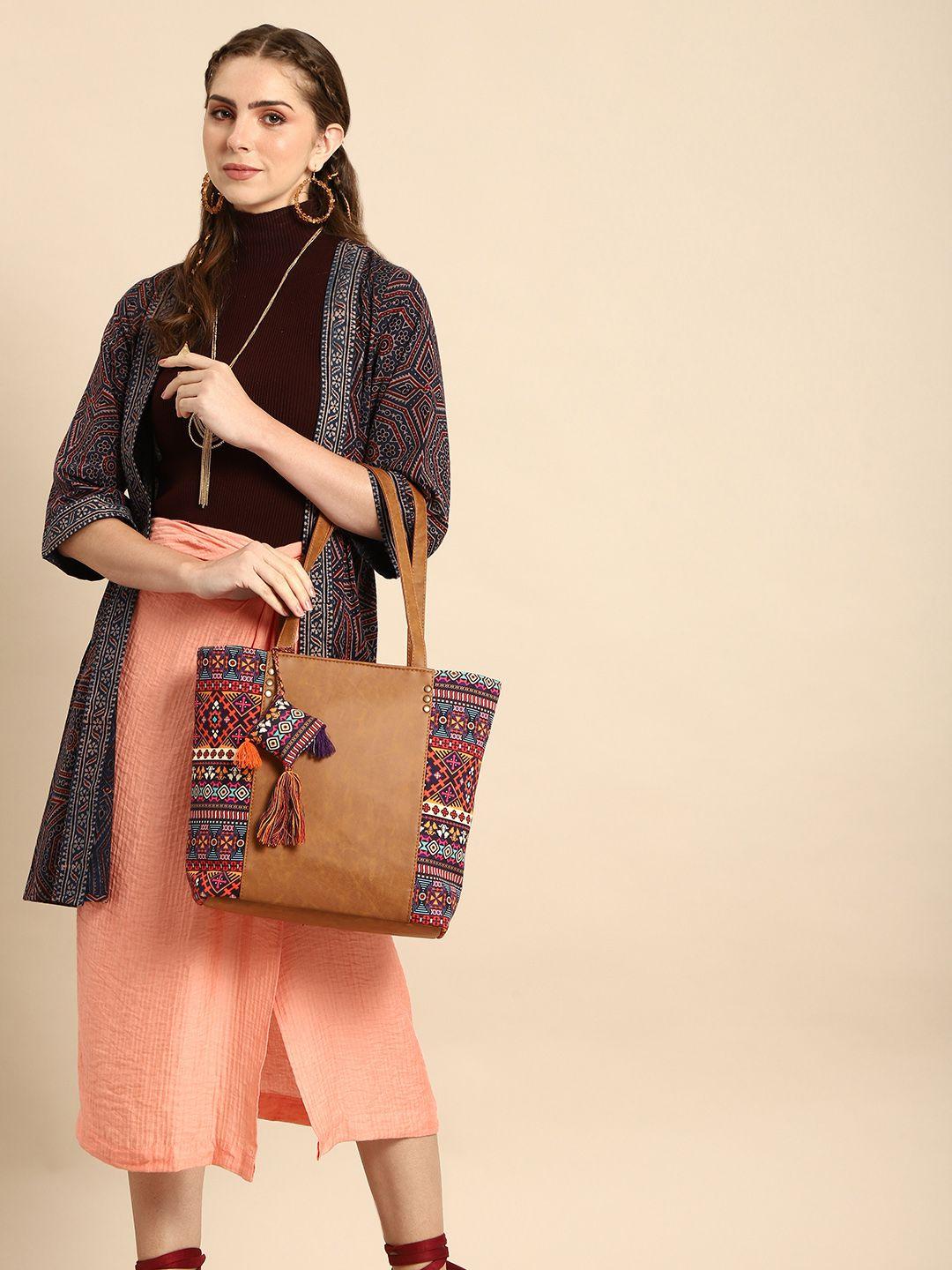 sangria brown ethnic motifs printed shoulder bag with tassel