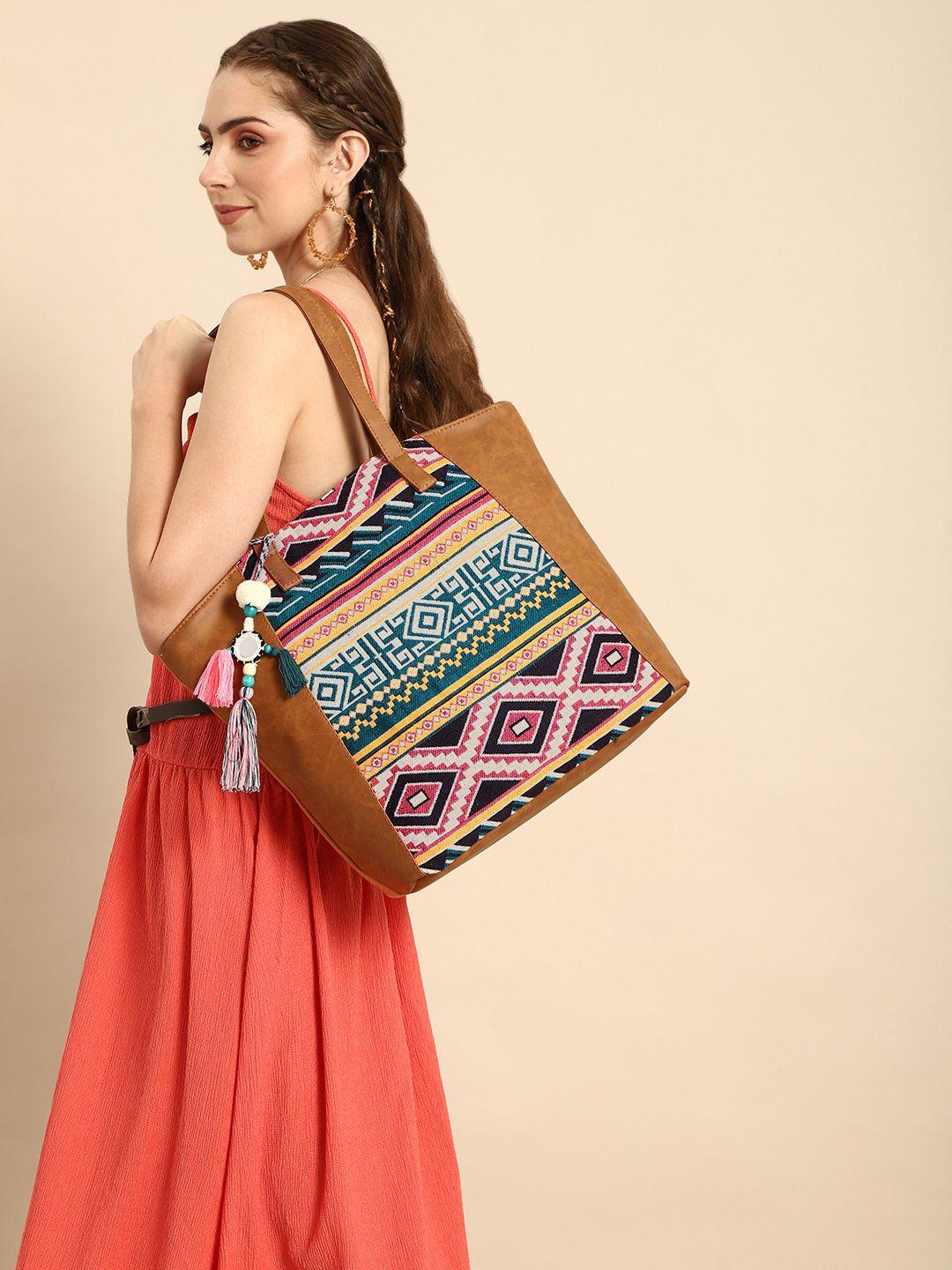sangria brown geometric embroidered shoulder bag with tassel