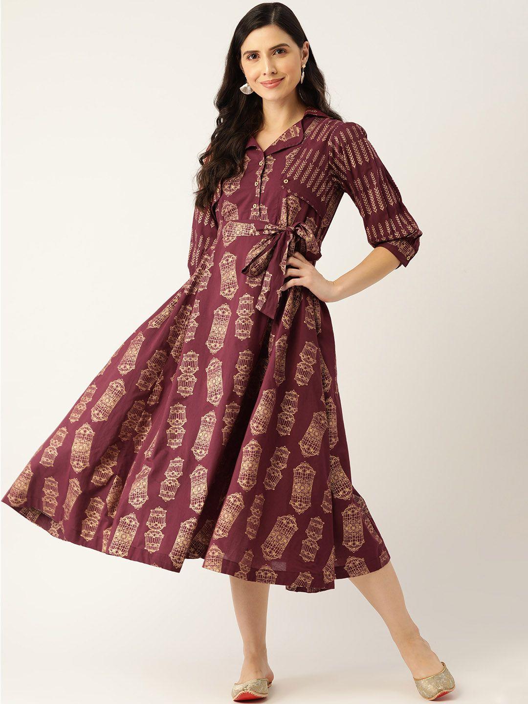 sangria burgundy & golden foil ethnic print a-line midi dress