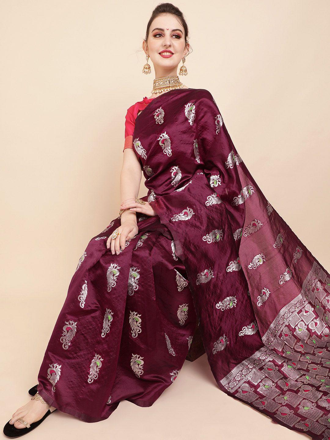 sangria burgundy & silver ethnic motifs zari silk blend banarasi saree