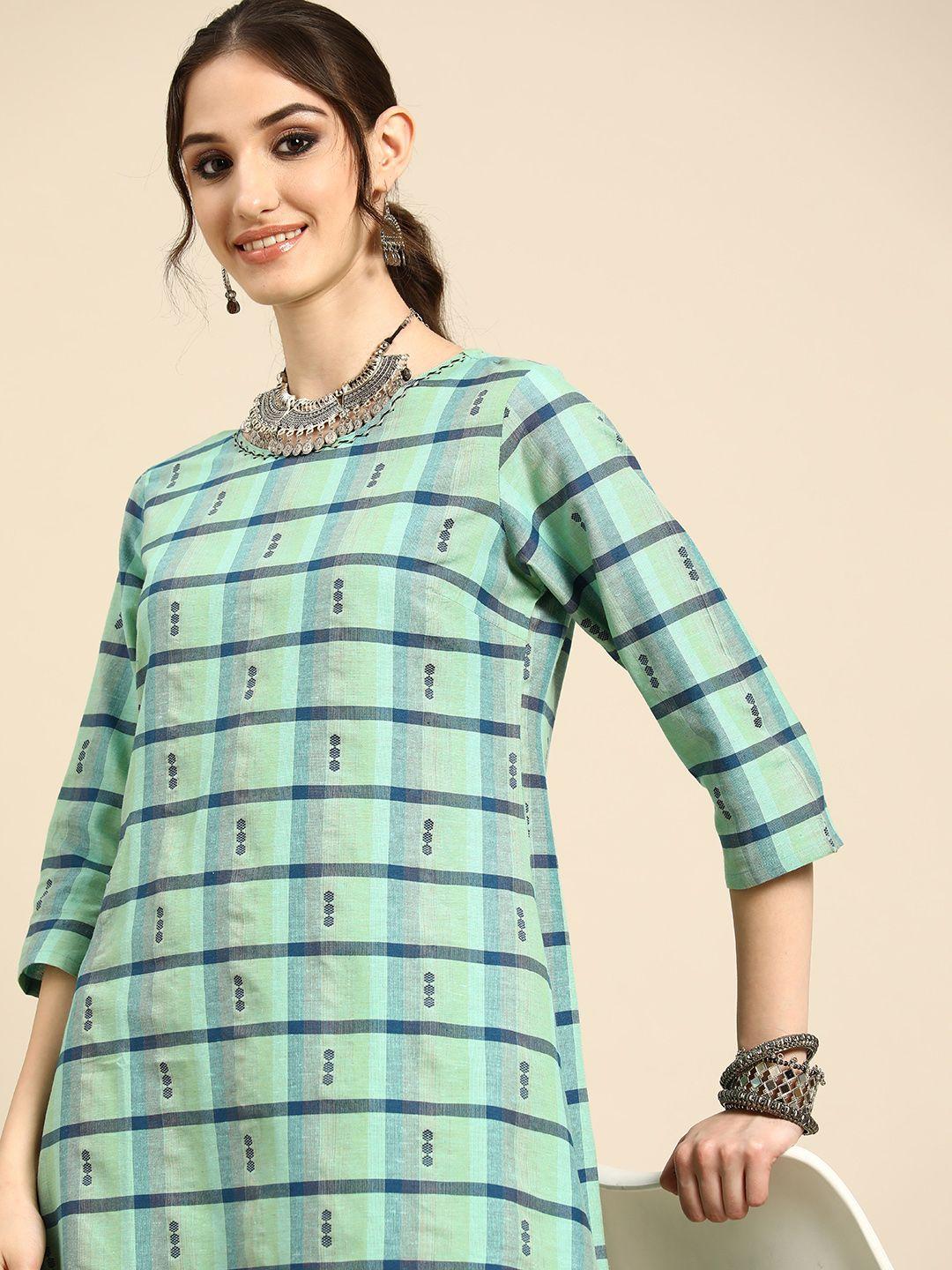 sangria checked woven design detailed a-line ethnic dress