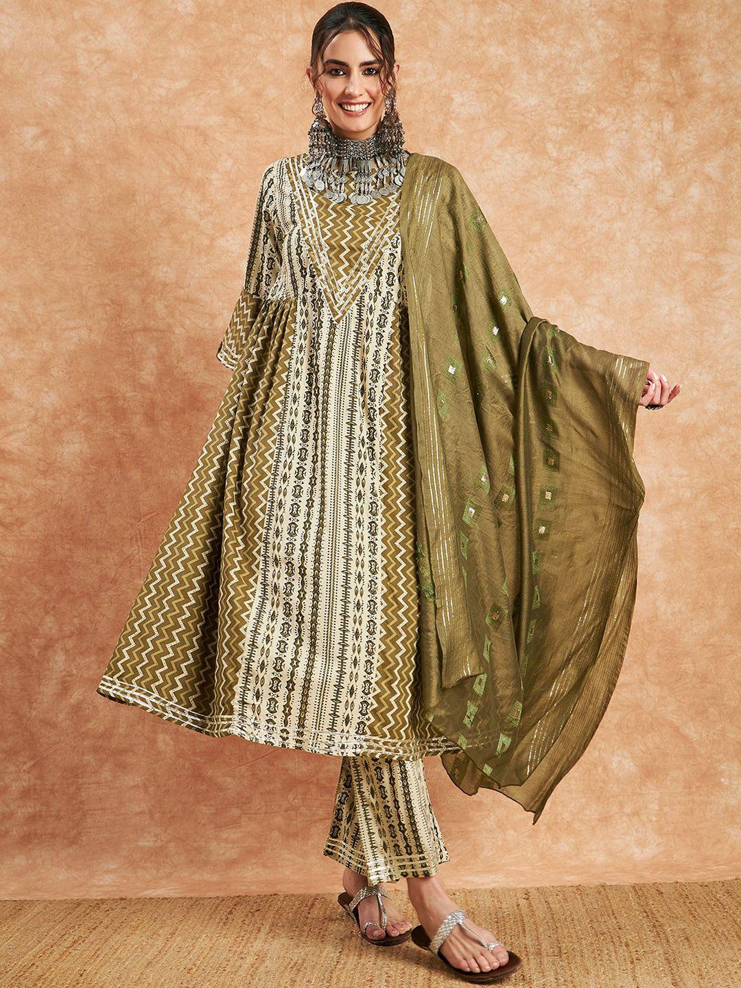 sangria chevron printed a-line pleated bell sleeves cotton kurta set