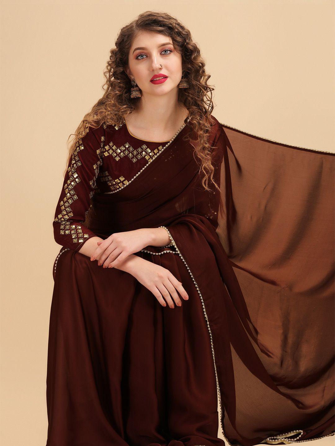 sangria coffee brown & golden embroidered satin saree