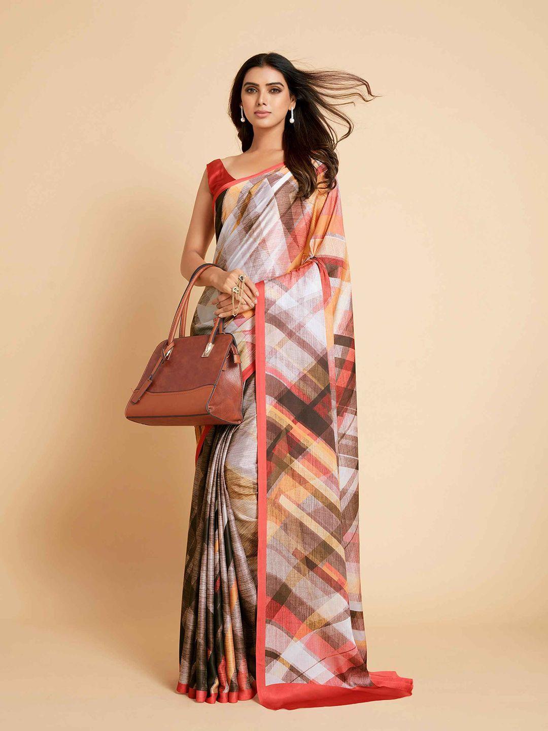 sangria coffee brown & grey printed satin saree