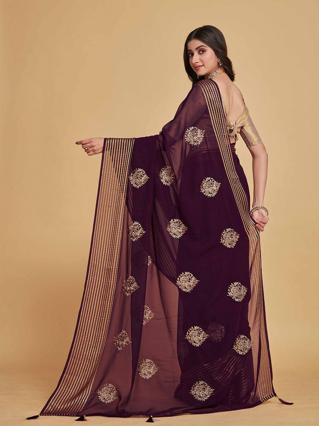 sangria coffee brown ethnic motifs embroidered zari pure georgette saree