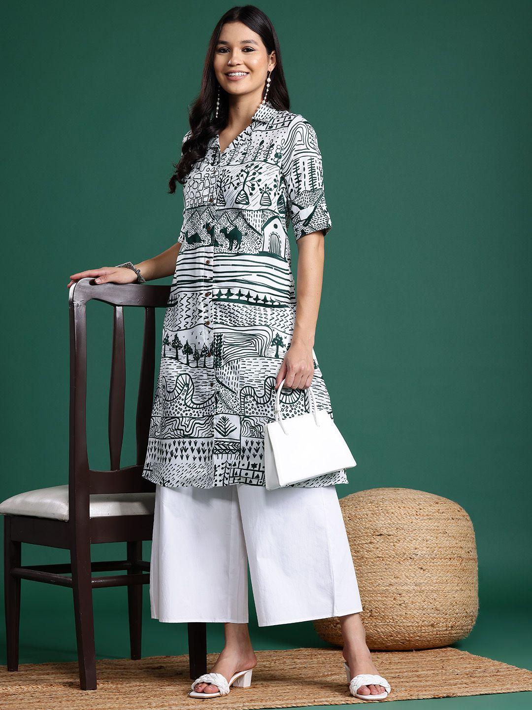 sangria conversational printed cuban collar straight kurta