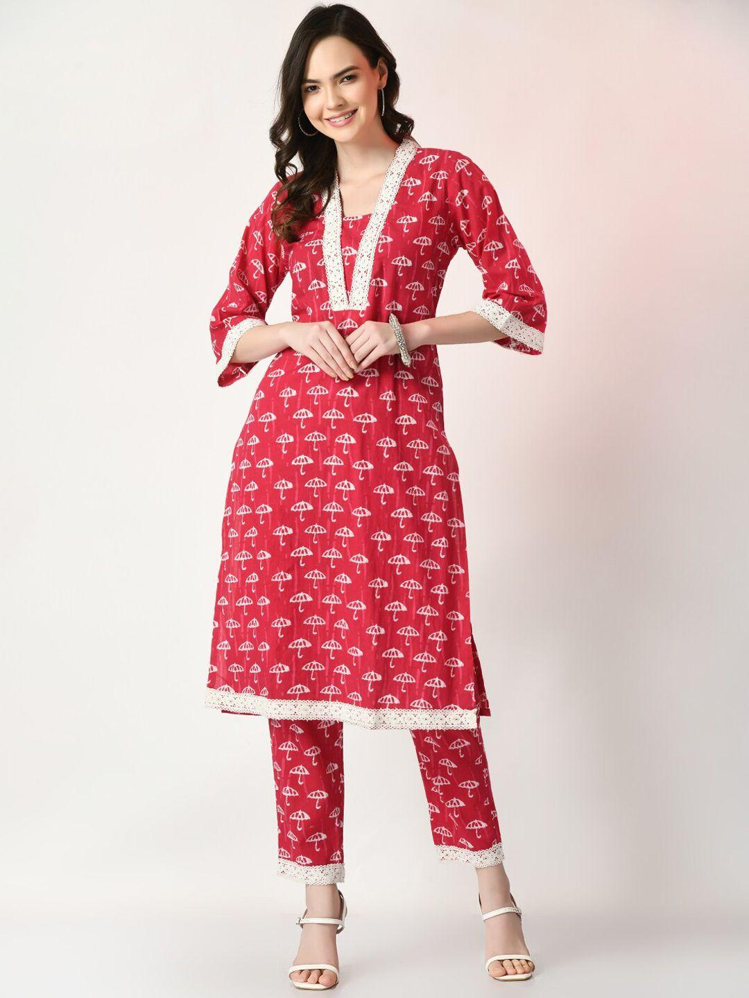 sangria conversational printed pure cotton straight kurta with trouser set