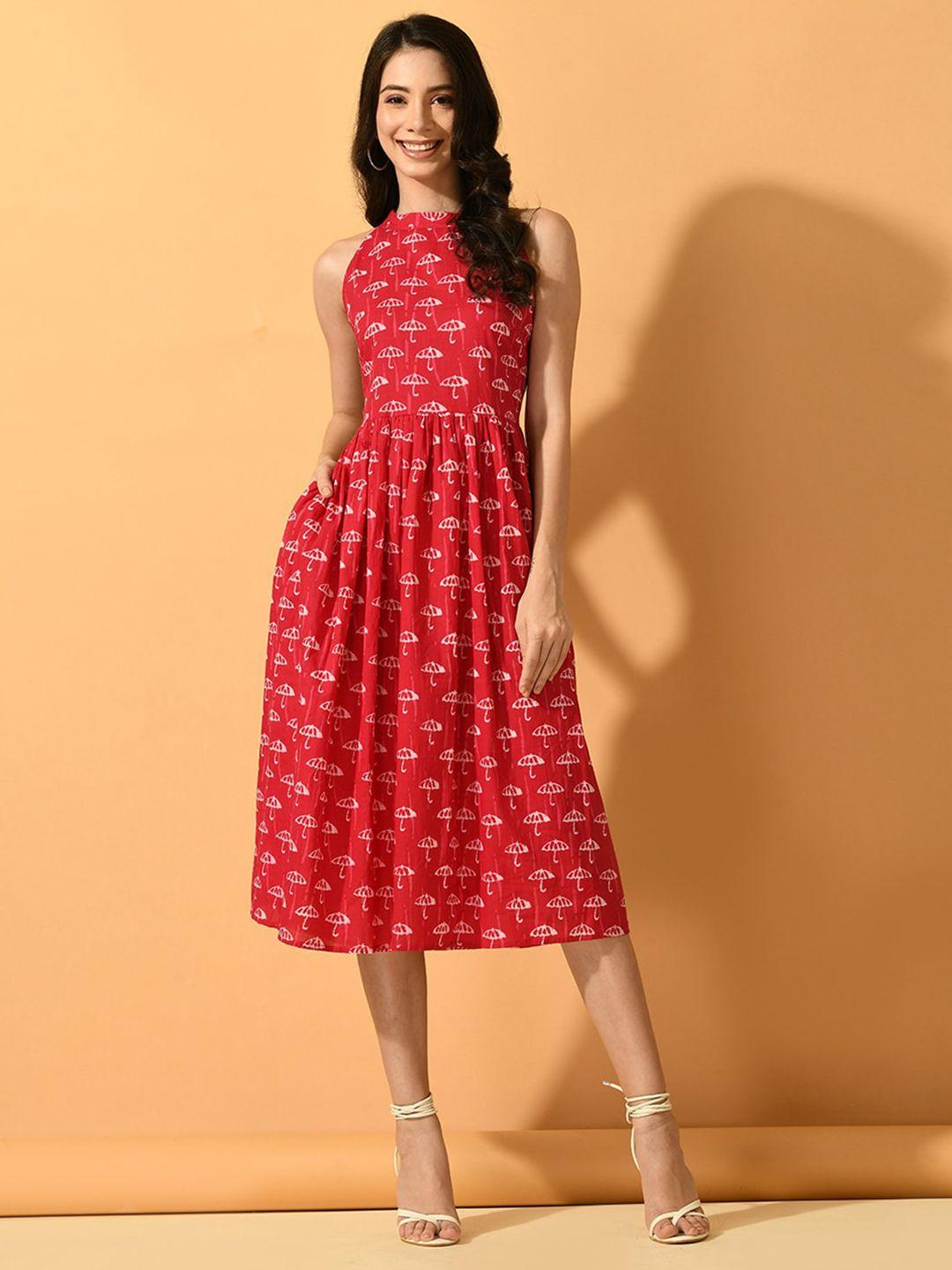 sangria conversational printed sleeveless fit and flared midi dress