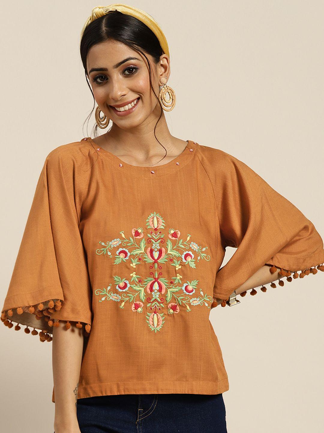sangria coral orange & green embroidered cotton top