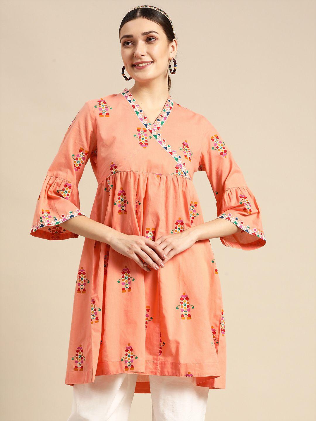 sangria coral orange & white ethnic motifs printed v-neck pure cotton angrakha kurti