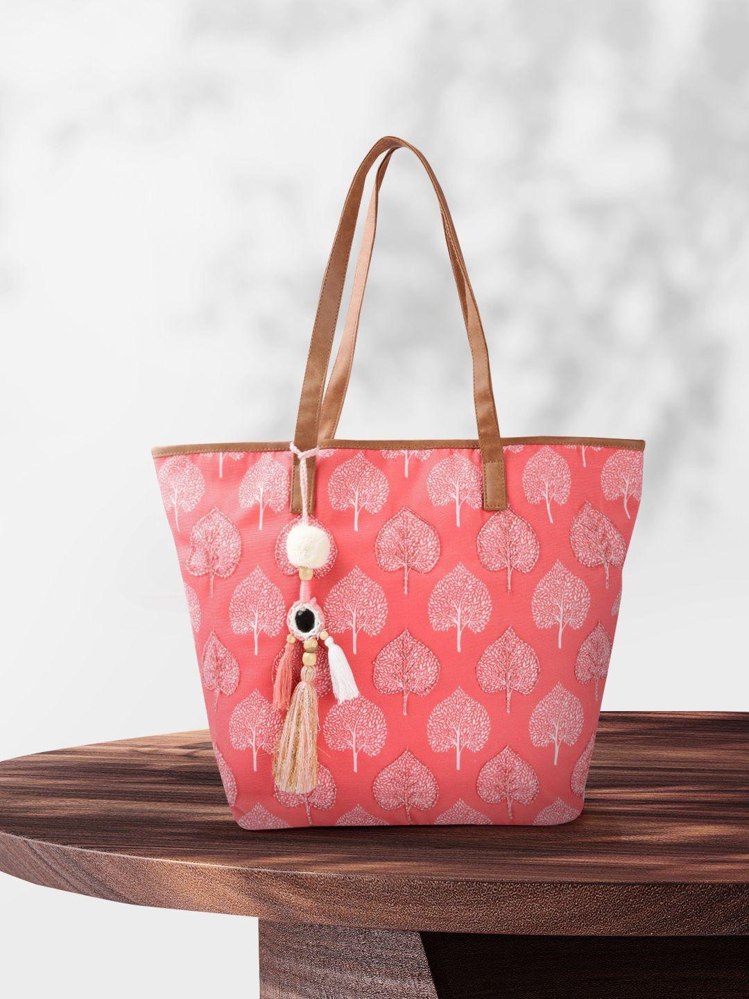 sangria coral pink & white ethnic motifs printed shoulder bag