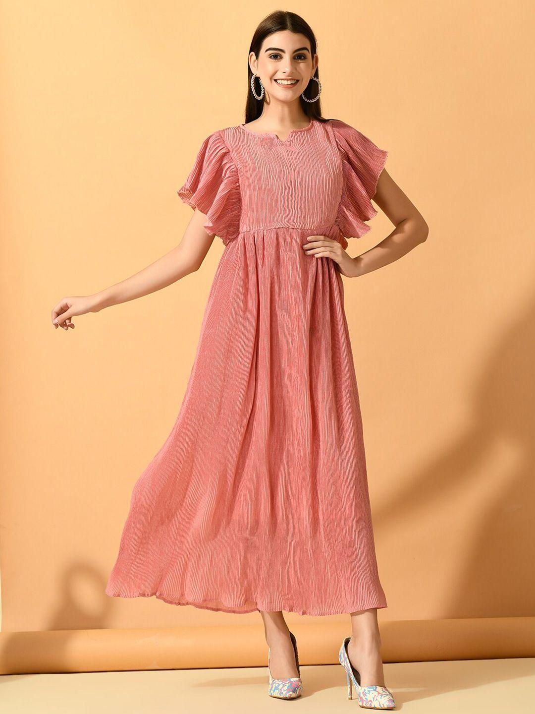 sangria coral self design flutter sleeve a-line maxi dress