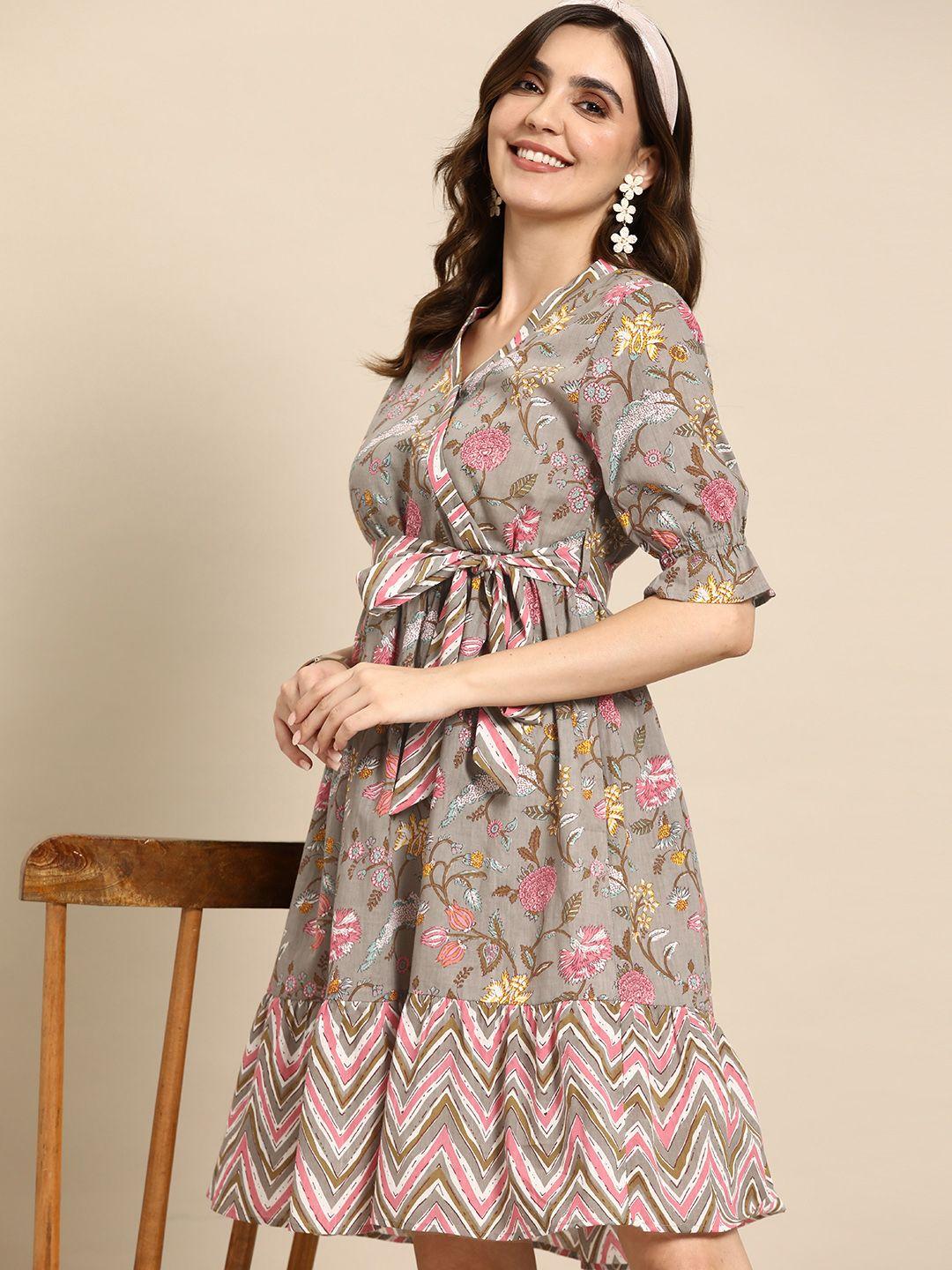 sangria cotton floral print wrap ethnic dress with belt