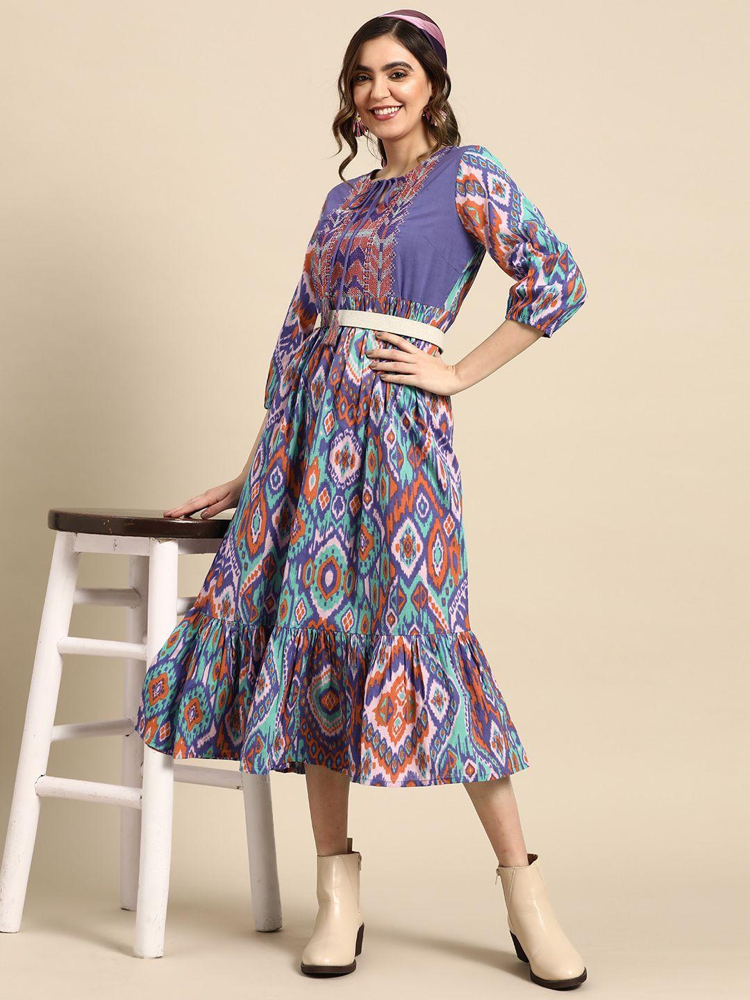 sangria cotton tie-up neck thread work printed midi dress