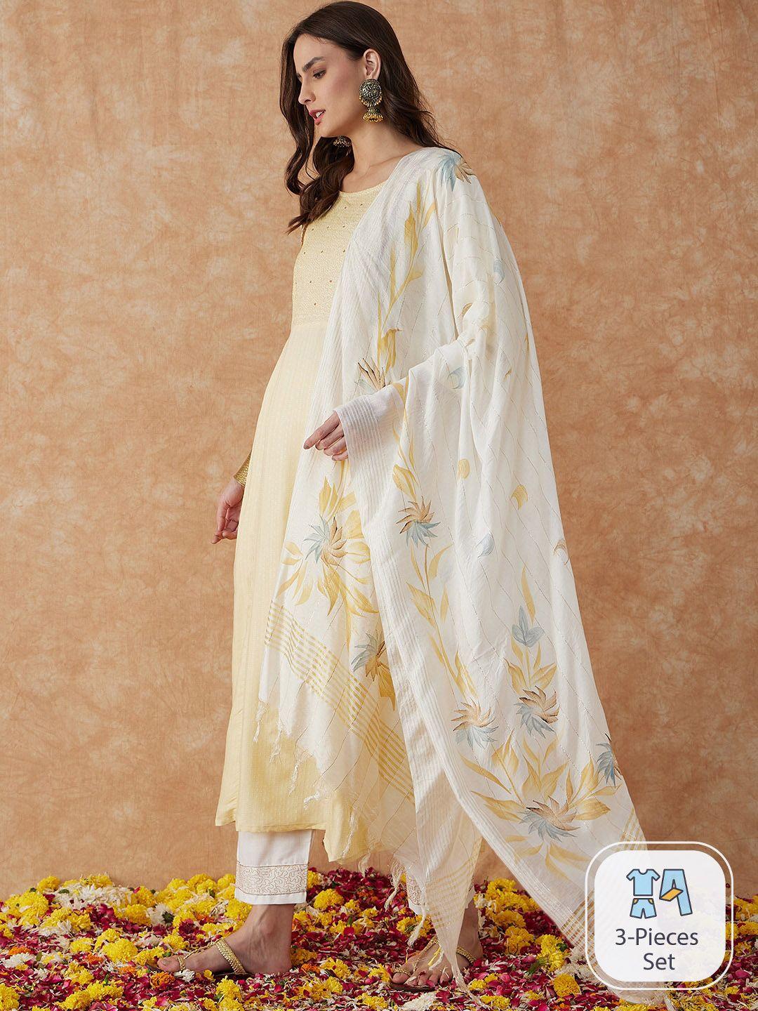 sangria cream-cloured ethnic embroidered a-line sequinned kurta with trouser & dupatta