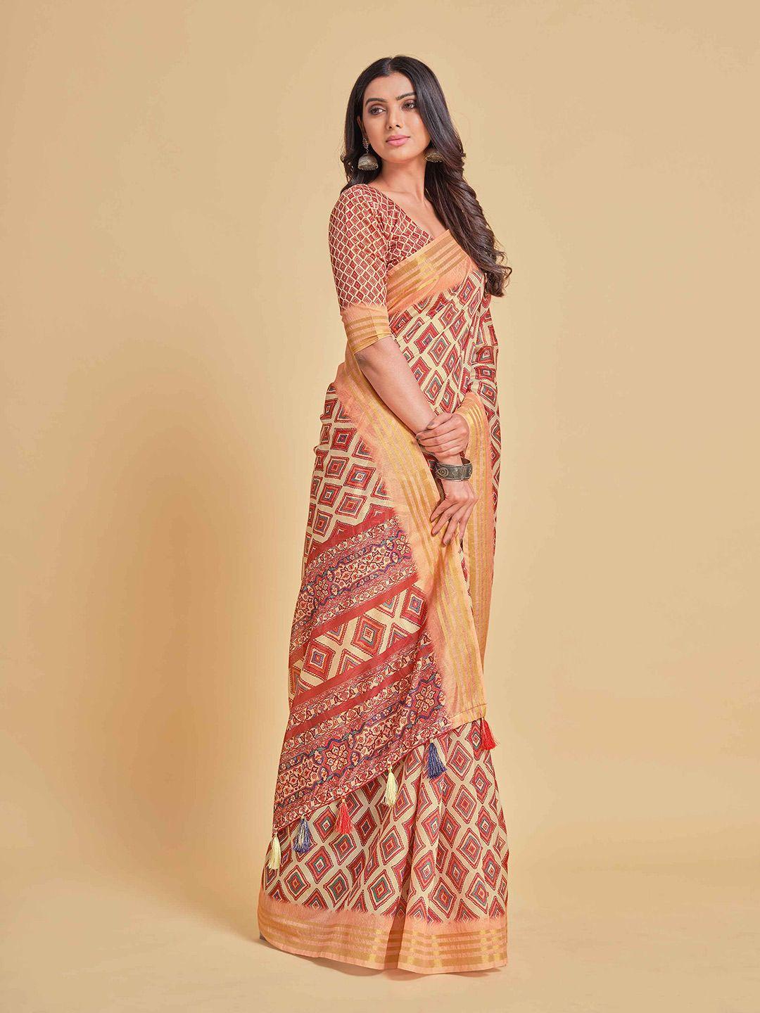 sangria cream-coloured & red printed pure cotton saree