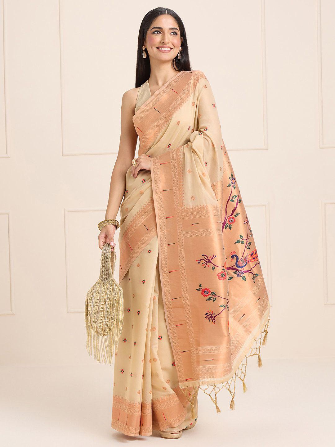 sangria cream-coloured ethnic motifs printed zari banarasi saree