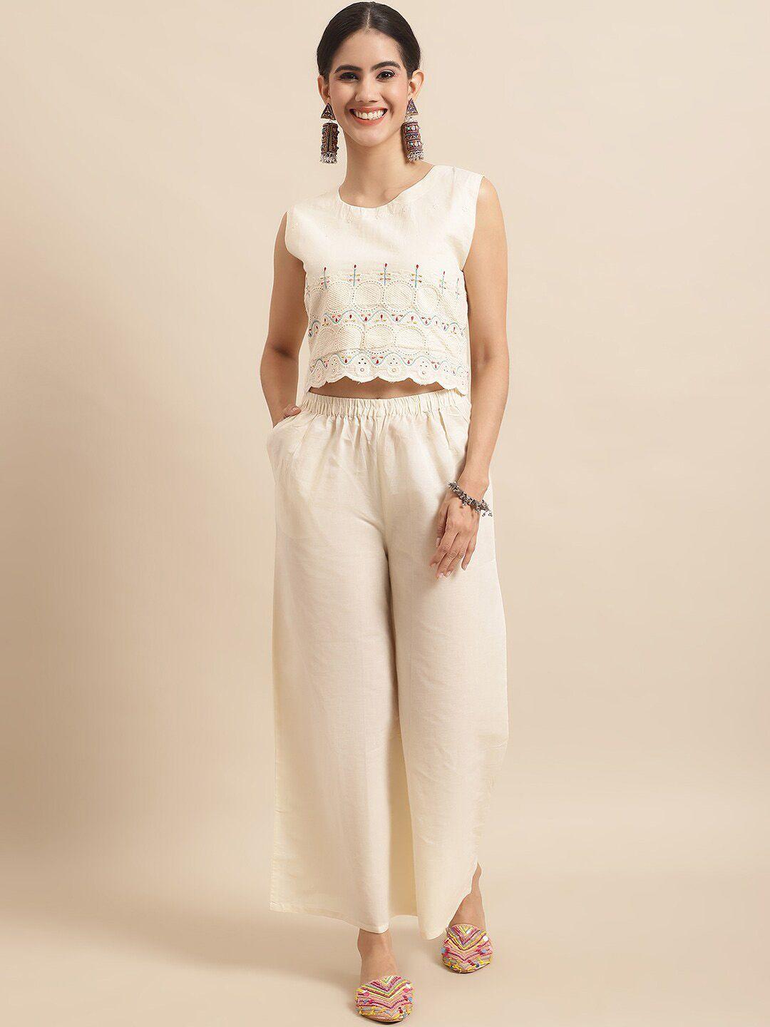 sangria cream embroidered crop top & palazzo with jacket