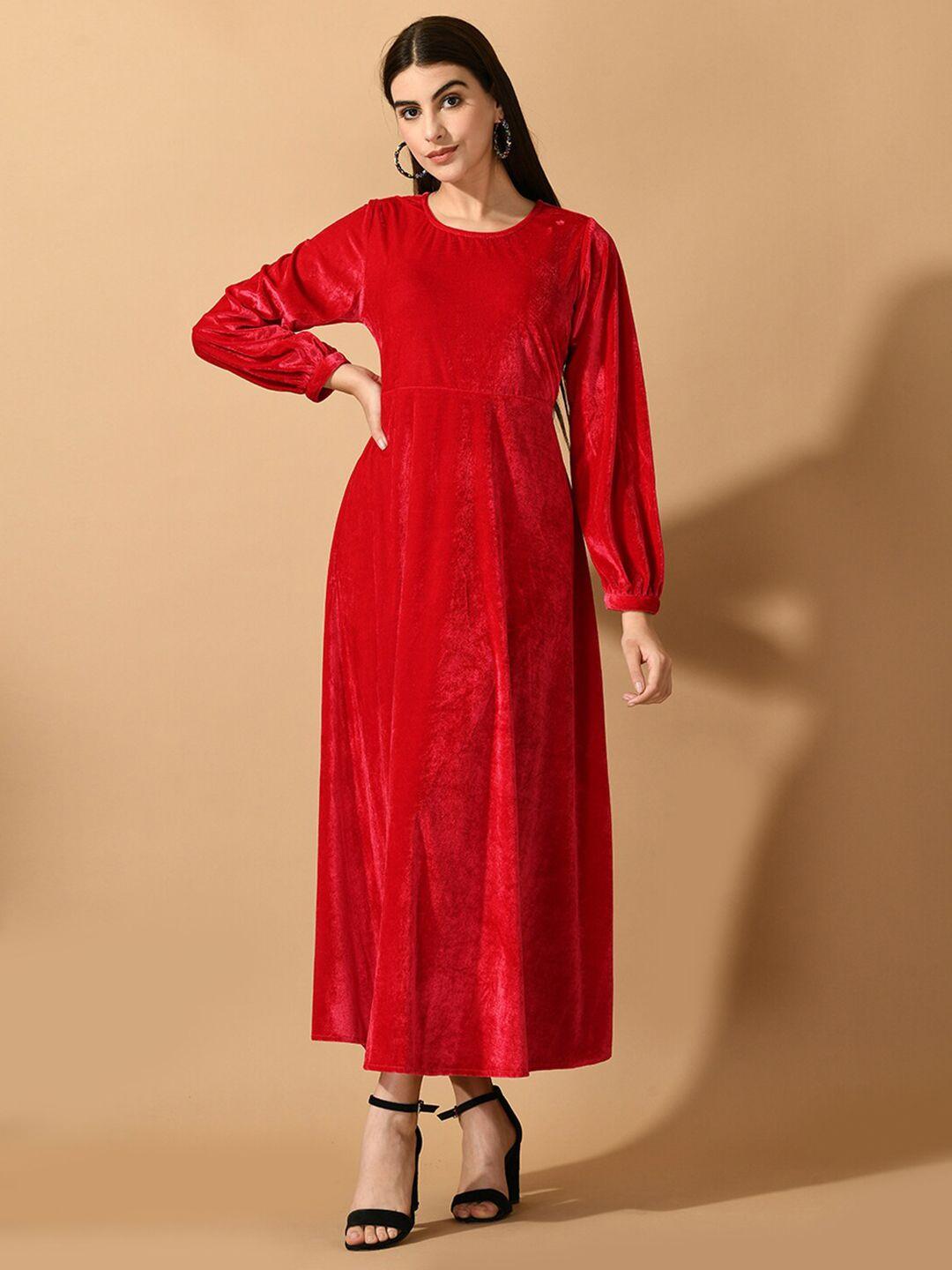 sangria cuffed sleeves fit and flare midi velvet dress