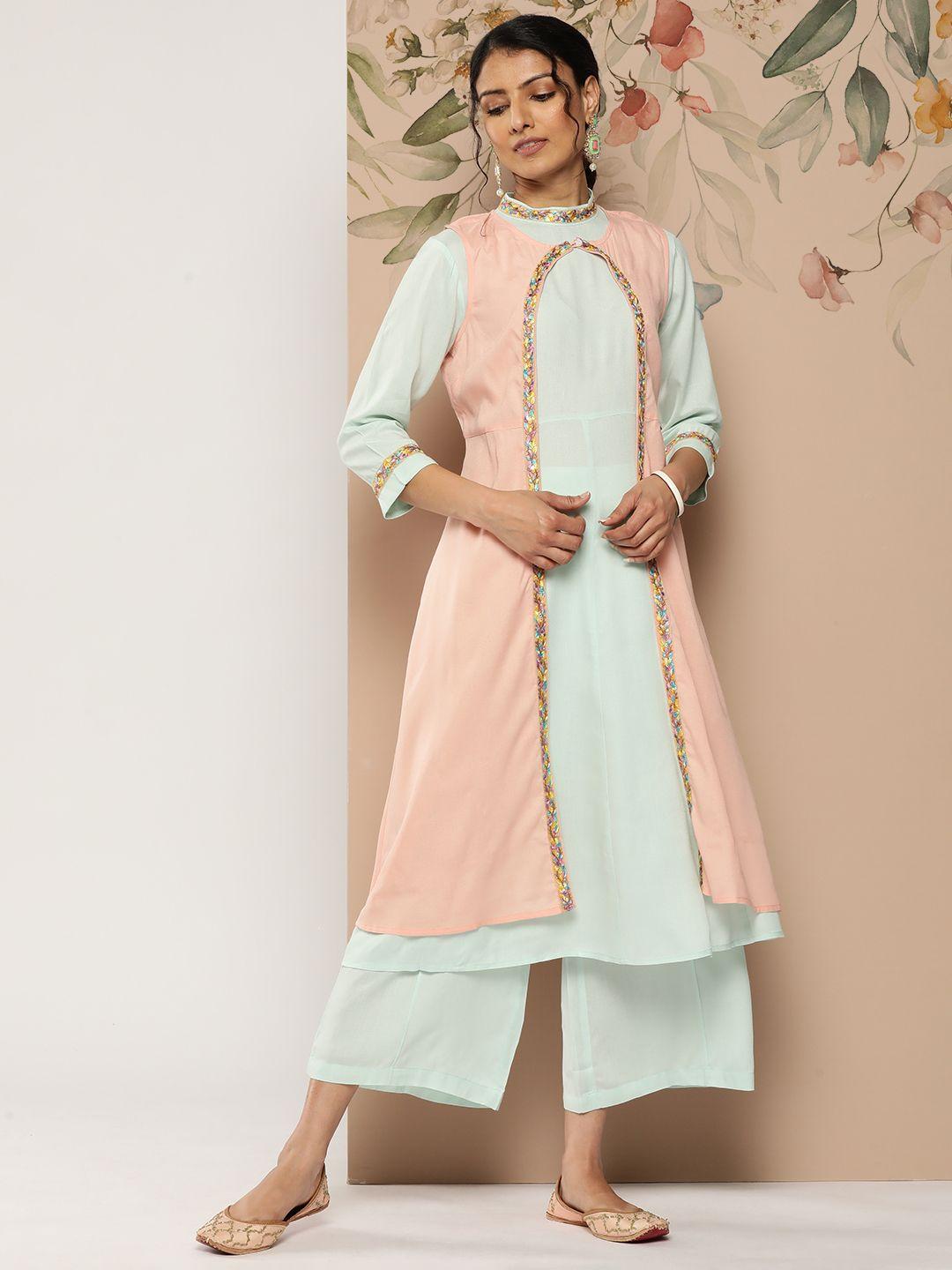 sangria embellished detail layered kurta with flared trousers