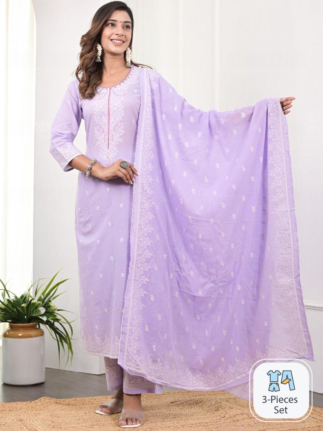 sangria embellished pure cotton straight kurta with palazzo & dupatta