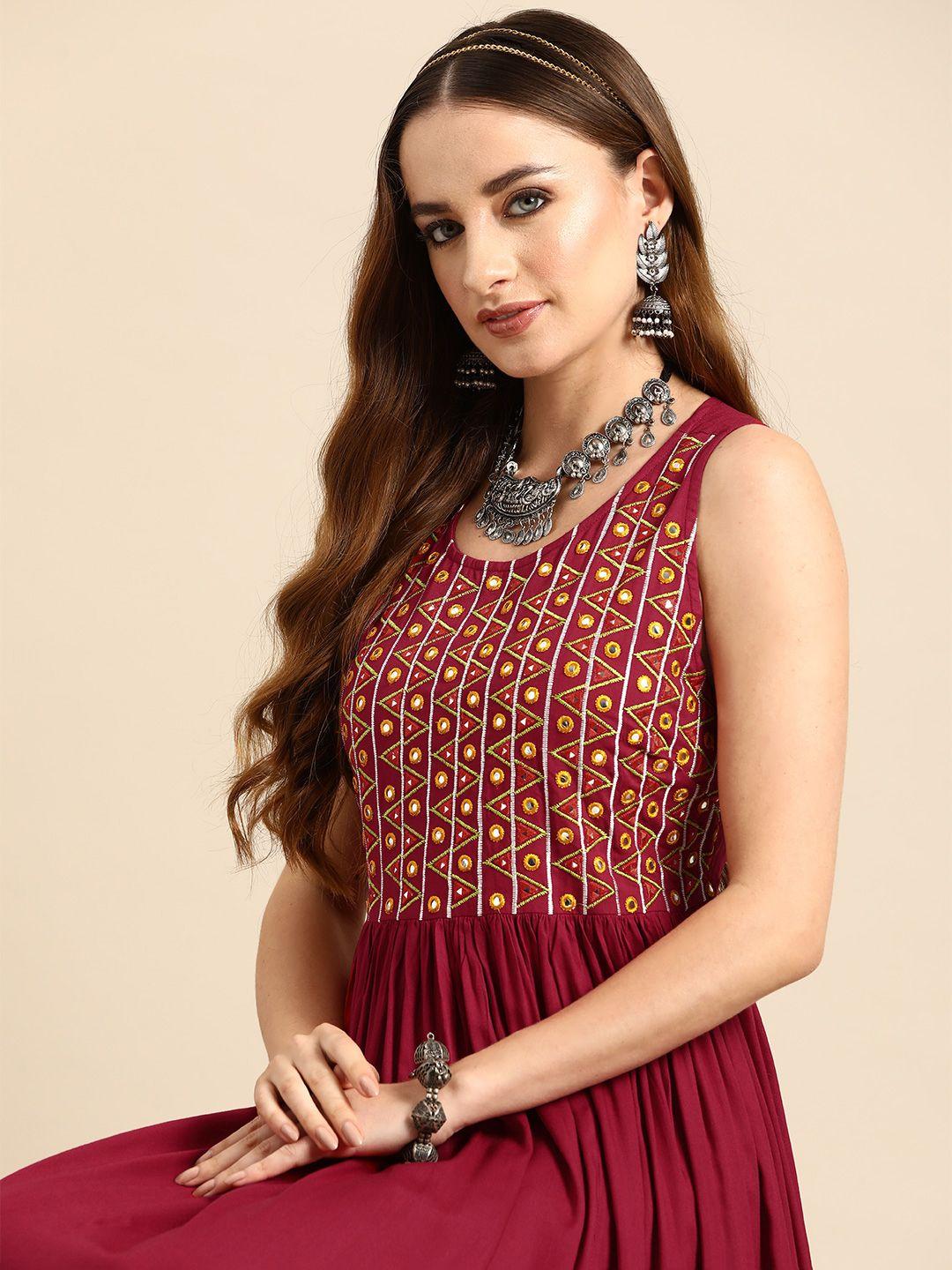 sangria embroidered & mirror work pleated styled back ethnic dress