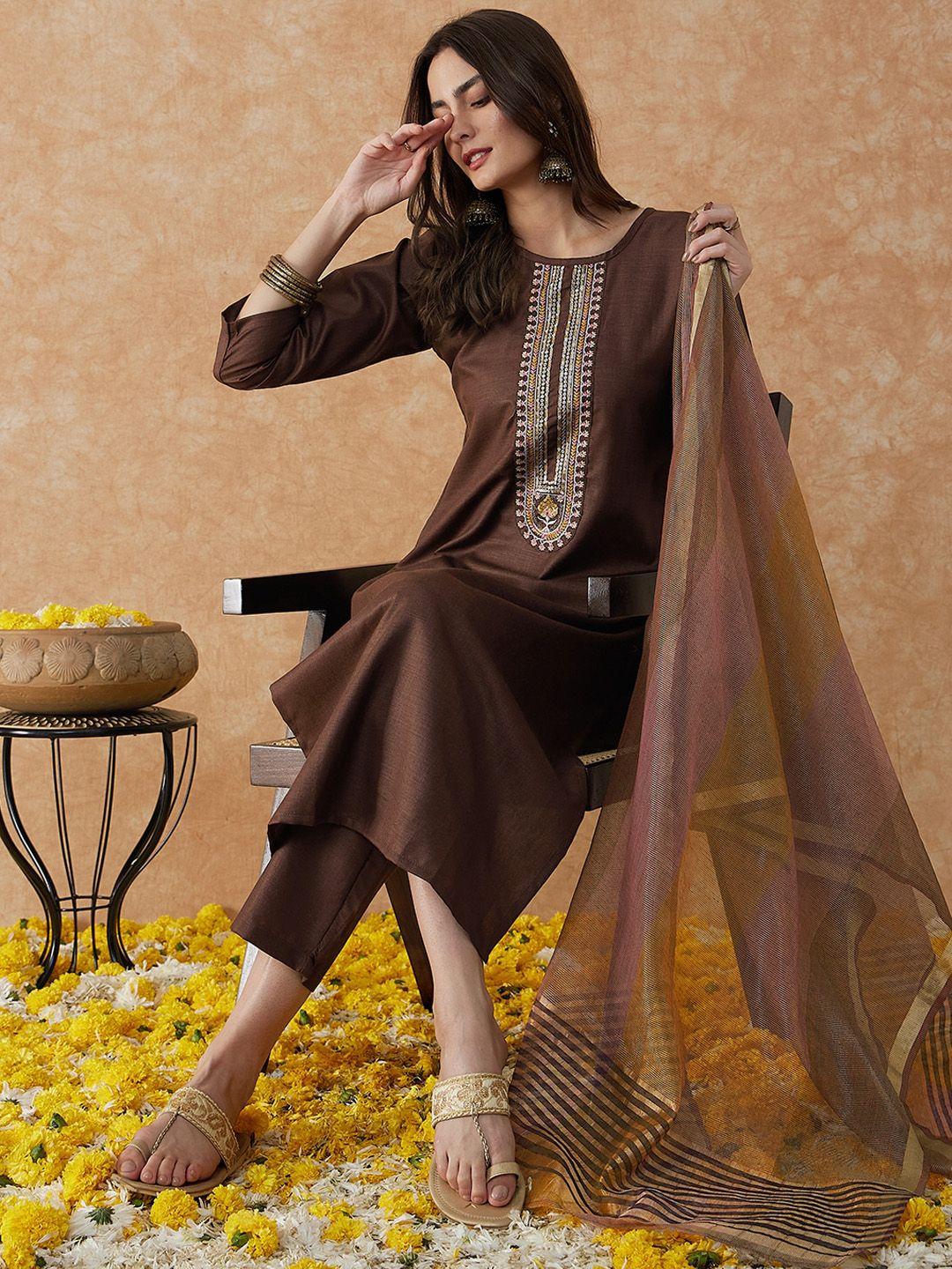 sangria embroidered a-line kurta with trouser & dupatta