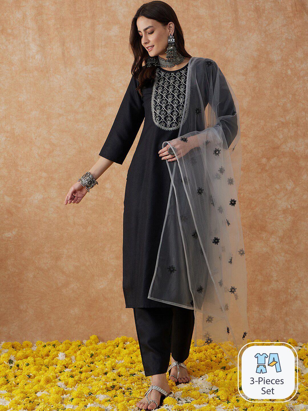 sangria embroidered a-line kurta with trouser & dupatta
