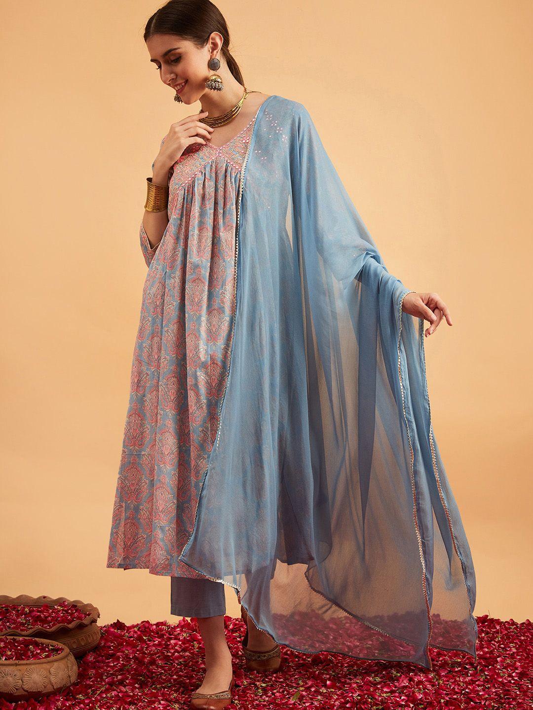 sangria embroidered a-line kurta with trouser & dupatta