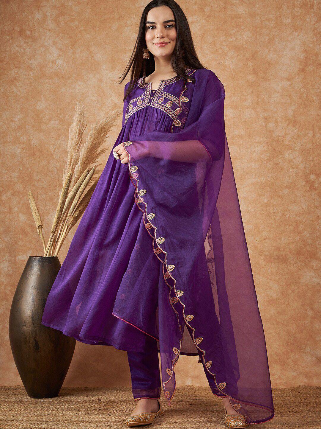 sangria embroidered a-line kurta with trousers & dupatta kurta sets