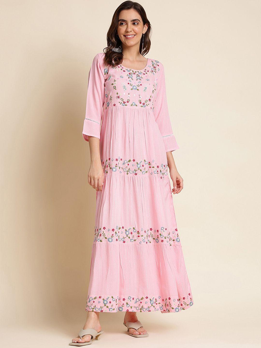 sangria embroidered cotton fit & flare ethnic dresses