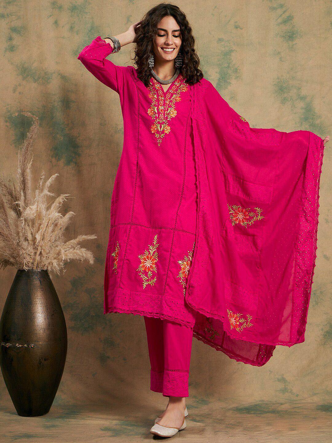 sangria embroidered cotton straight kurta with trouser & dupatta set