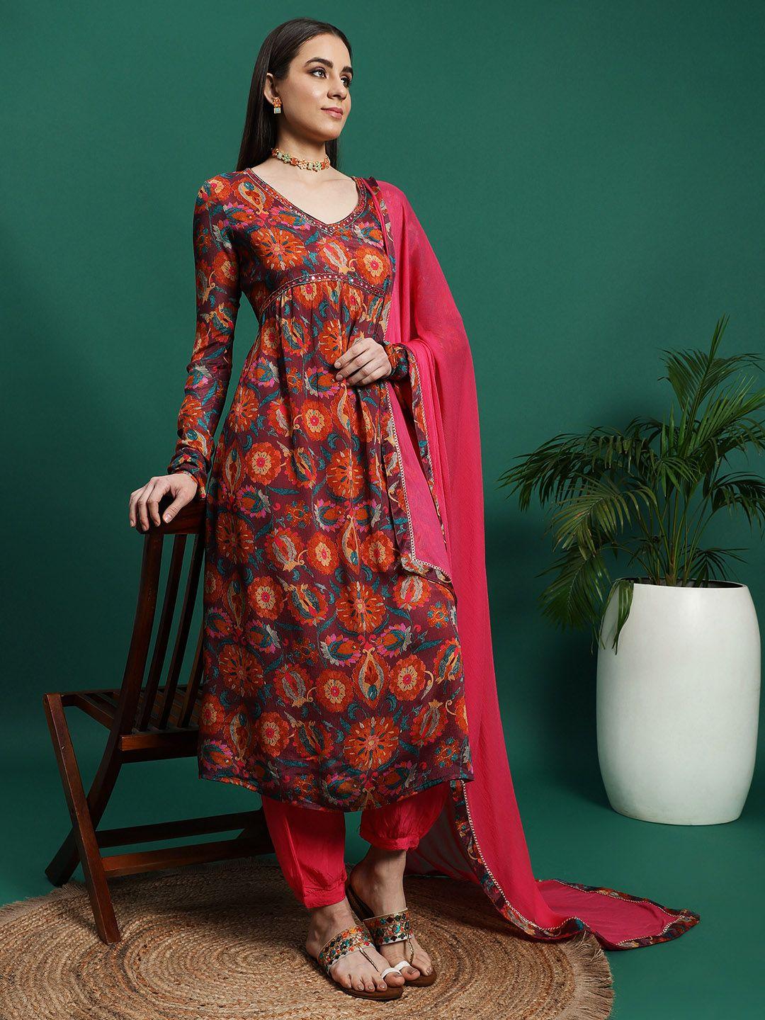 sangria embroidered flared a-line kurta & trousers with dupatta