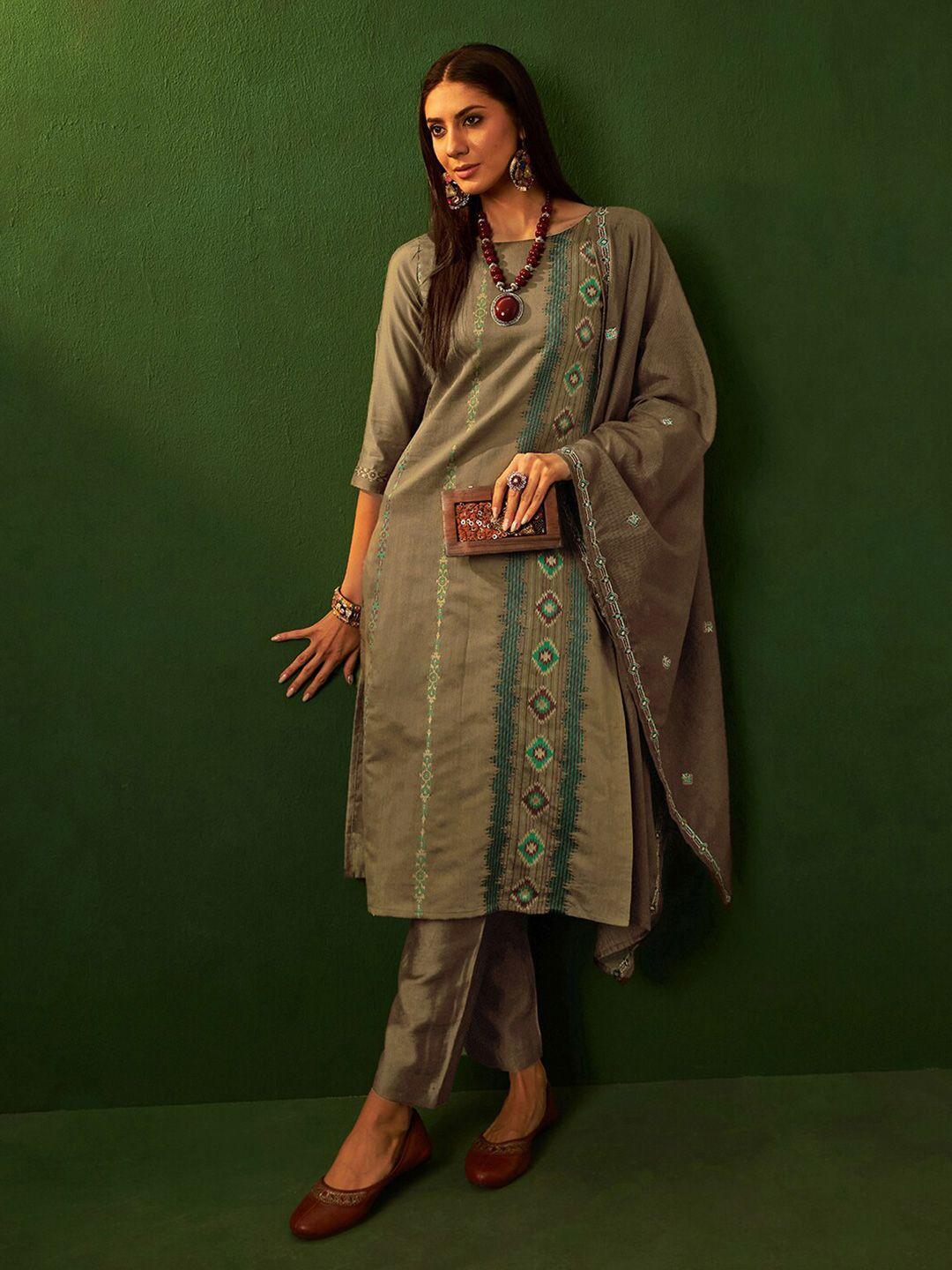 sangria embroidered jacquard chanderi silk straight kurta, trousers & dupatta set