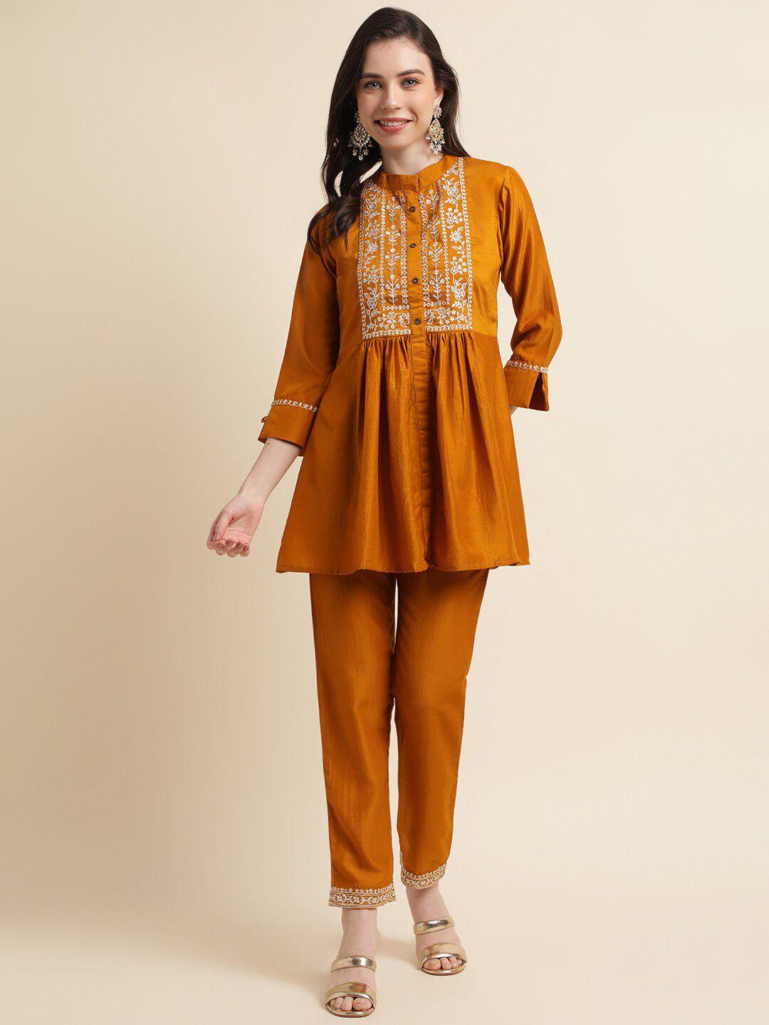 sangria embroidered mandarin collar ethnic tunic with trousers